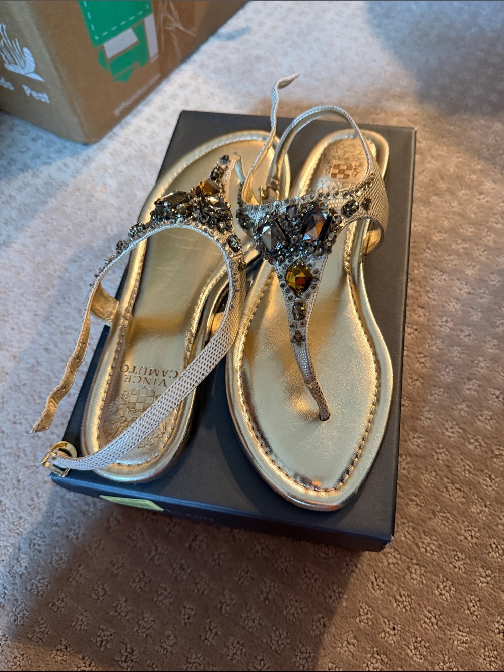 Vince Camuto Metallic Gold Jeweled T-Strap Sandals